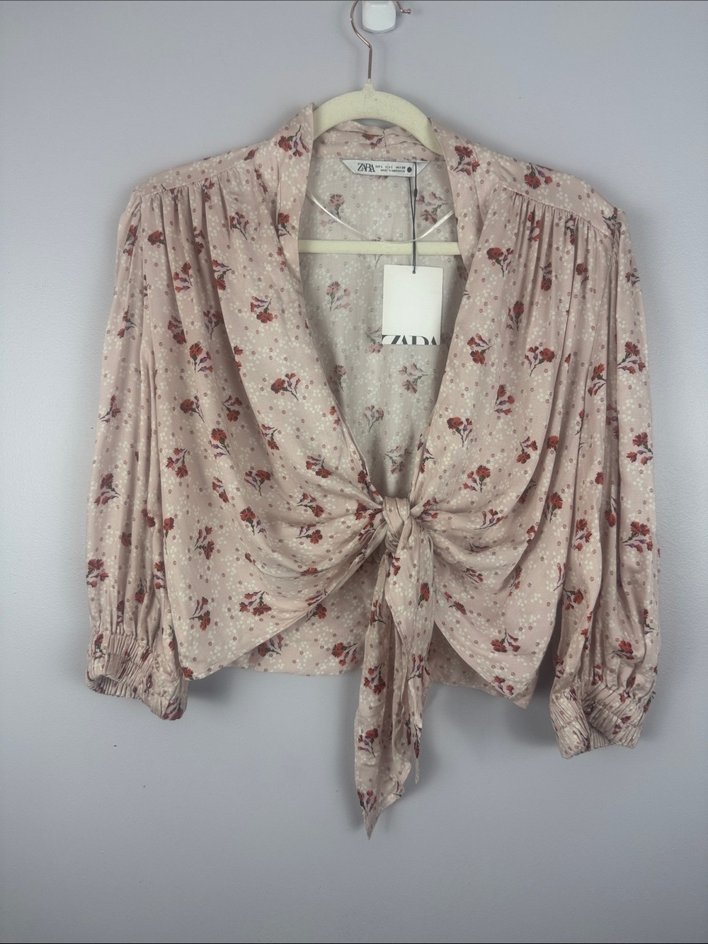NWT Zara Floral Tie-Front Puff Sleeve Cropped Blouse - Mauve Pink - Size L - Picture 2 of 11